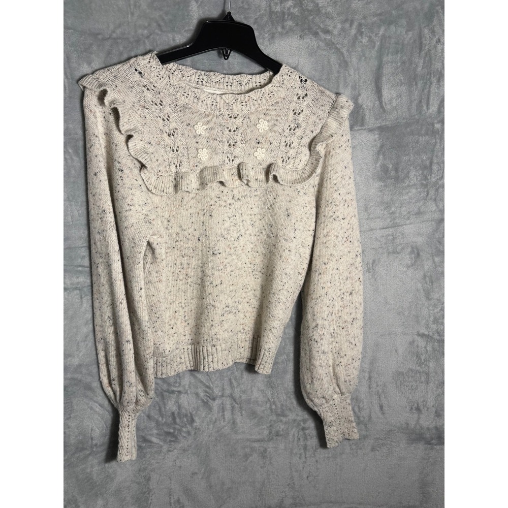 Bohme Cream Speckled Ruffle Bib Floral Knit Sweater Wool Blend Medium SW5524-B‎